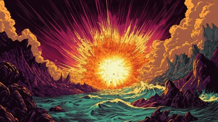 Wall Mural - Retro-futuristic backdrop with intense energy wave and cosmic gradient
