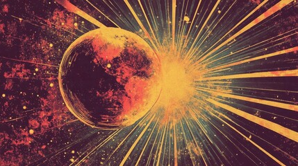 Wall Mural - Pulp sci-fi wallpaper with glowing orb golden light and halftone texture