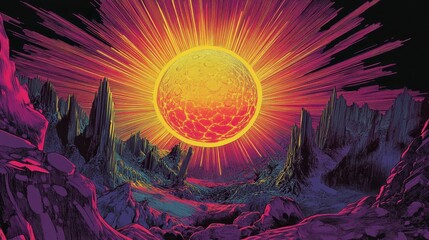 Wall Mural - Sci-fi backdrop with glowing sphere and energy beams illuminating space