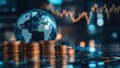 © Sampao - Coins arranged in ascending stacks next to a transparent blue world globe and stock market lines.