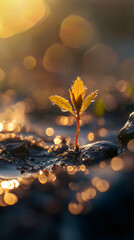 Aufkleber - New life emerging from wet soil, illuminated by the warm glow of golden hour, symbolizing growth, resilience, and the beauty of nature