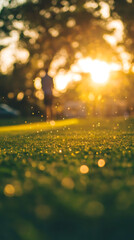 Aufkleber - Golden sunset illuminating drops of water suspended over a lawn with a blurred person in the background