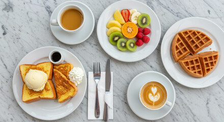 Wall Mural - delicious breakfast spread waffles fruits and coffee