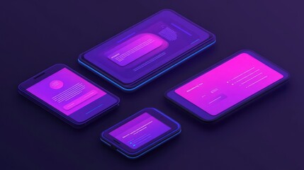 Wall Mural - Mobile UI design, dark background, isometric view
