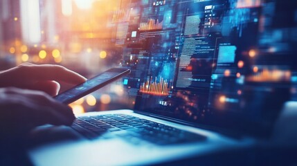 Wall Mural - City night, data analyst using laptop, phone