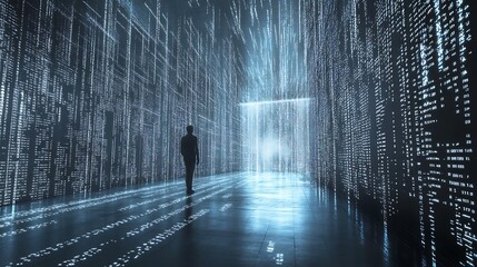 silhouette of a man in a futuristic corridor of digital data streams for a journey into the digital 