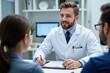 © Nina - A middle-aged Caucasian male doctor in a white coat consults with a young couple in a modern clinic, providing medical advice and information during a checkup session.