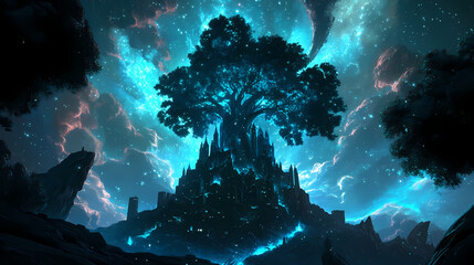 Wall Mural - majestic tree silhouette illuminated by cosmic light beneath a starstudded night sky in a dreamlike 