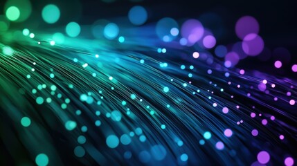 Abstract glowing fiber optic strands with vibrant bokeh effect