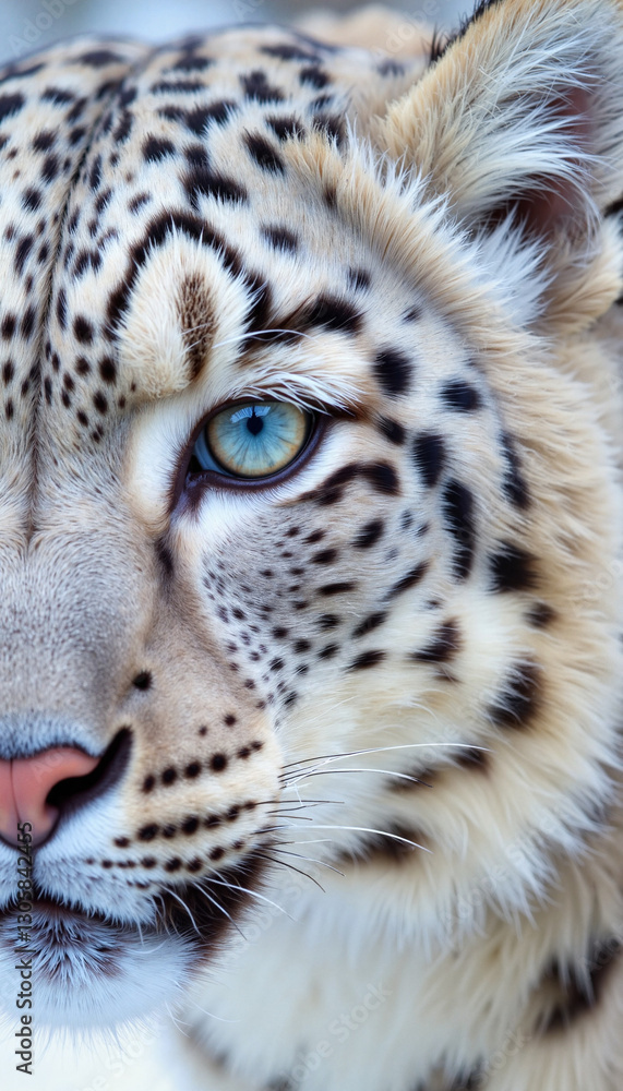 Close-up of a snow leopard's face with striking blue eye