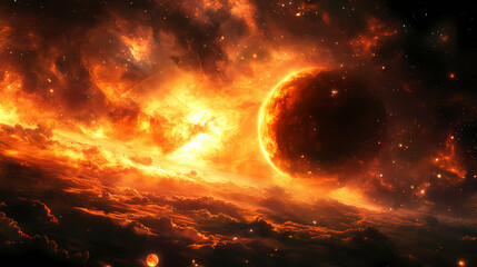 Wall Mural - a fiery cosmic landscape. an otherworldly planet in deep space. cosmic - galaxy. illustration