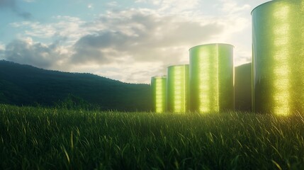 Poster - Futuristic biofuel energy plant highlighting sustainable fuel technology in a captivating 2D design.