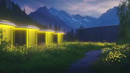 Aufkleber - A futuristic biofuel energy plant showcasing sustainable fuel solutions in a visually striking 2D design.