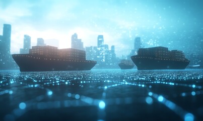 Poster - Futuristic city skyline with cargo ships sailing beneath, blending innovation and maritime elements.