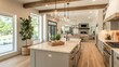 © AndiAzis - Modern Farmhouse Kitchen Interior with White Island and Exposed Beams