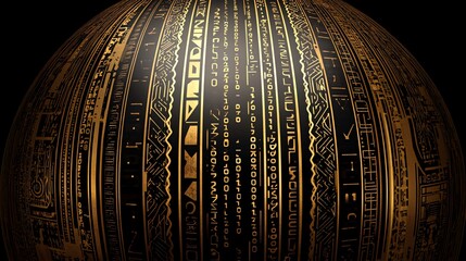 Golden sphere with ancient script, dark background,  global data concept, website header