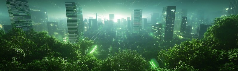 Poster - A futuristic eco-city powered by solar energy, depicted in a vibrant Cyberpunk style.