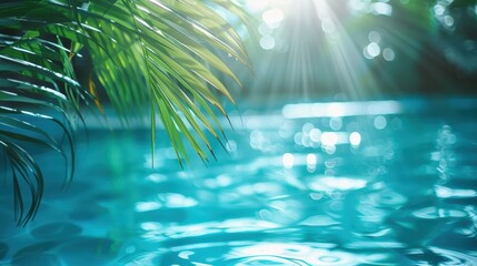 Wall Mural - sunlit tropical water with lush palm leaves