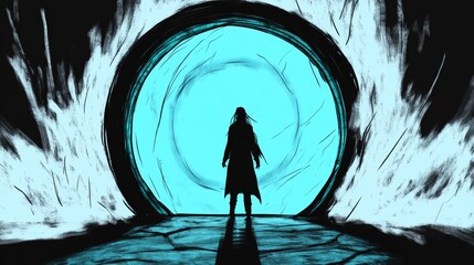 Wall Mural - silhouette of a person standing before a vibrant teal portal, a mystical and dramatic scene.