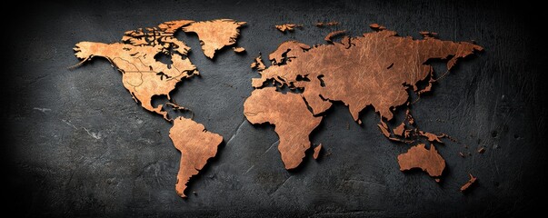 a detailed world map design made of wood, set against a dark background, emphasizing continents and 