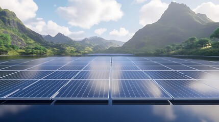 Poster - Floating solar panels on an artificial island depicted in a vibrant image.