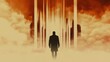 © Vertigo Images - A man walks towards a futuristic city shrouded in clouds, bathed in warm orange hues.  A surreal and hopeful image.