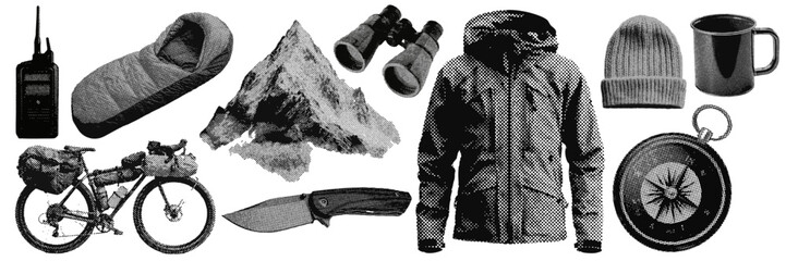 Wall Mural - Set of outdoor camping and hiking halftone grunge vector design elements