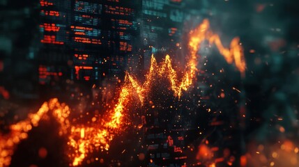 Wall Mural - Digital stock market interface burning with dramatic embers and destruction