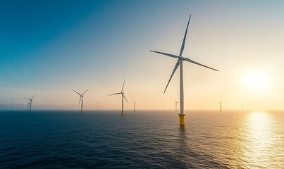 Poster - ahmadwahyuutomo776@gmail.com Futuristic offshore wind turbine farm in deep ocean setting, showcasing innovative renewable energy technology.