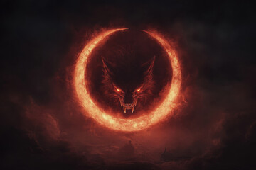 Wall Mural - A red glowing wolf with glowing eyes is in the center of a circle