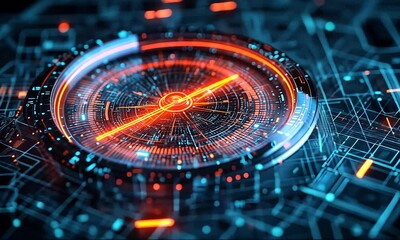 Wall Mural - a futuristic, glowing compass representing data navigation and technological direction in a circuit 