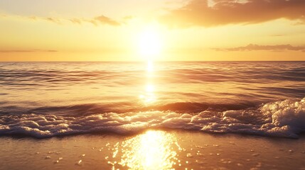 Aufkleber - ahmadwahyuutomo776@gmail.com A serene sunrise over a calm ocean showcasing soft waves reflecting the golden light.