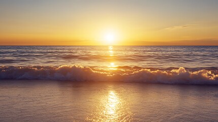 Poster - ahmadwahyuutomo776@gmail.com Serene golden sunrise reflecting over calm ocean waves, creating a tranquil atmosphere.