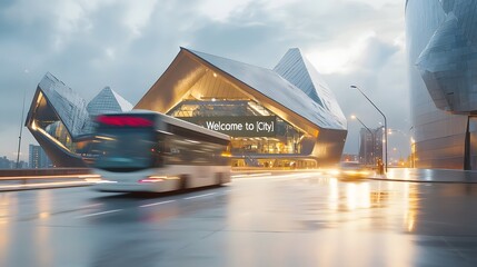 Fototapete - Captivating and depiction of a modern Welcome to City arrival board showcasing dynamic lighting effects motion blur and a futuristic urban cityscape backdrop