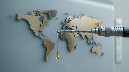Poster - Close up view of a fuel nozzle dripping oil onto a detailed world map
