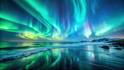Wall Mural - green and blue aurora borealis reflecting on the waves of a northern sea