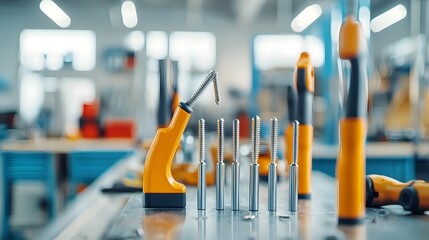 Poster - Closeup image of a set of magnetic screwdrivers lifting and picking up small metal screws on a cluttered workbench showcasing precision tools and hardware used in construction engineering