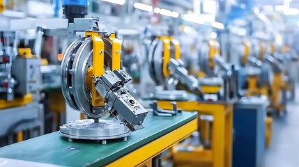 Leinwandbilder - Closeup view of heavy duty magnetic clasps securely fastening metallic industrial components together on an automated assembly line in a modern factory or manufacturing facility