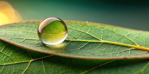 Wall Mural - Tiny droplet of eucalyptus oil glistening on a leaf's surface, suspended in mid-air