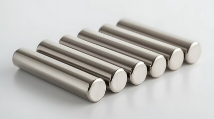 Aufkleber - Detailed view of a group of cylindrical bar magnets with smooth metallic finishes precisely aligned in parallel formation  The magnetic objects create an abstract