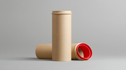 Leinwandbilder - 3D rendering of a Kraft cardboard cylinder container with a smooth matte finish floating on a simple gray background  The minimalist industrial style object is perfect for product