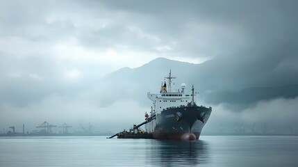 Poster - Cargo ship refueling at an industrial harbor with cloudy sky in the background  Depicts the logistical and maritime transportation infrastructure involved in the commercial shipping industry