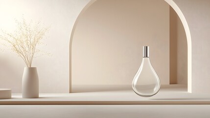 Leinwandbilder - Elegant teardrop shaped glass bottle with a minimalist silver screw cap floating effortlessly on a clean light background  This unique and sophisticated decor piece creates a modern