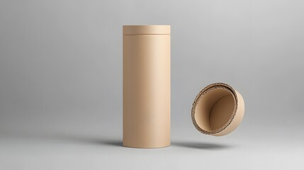 Leinwandbilder - Matte Kraft Cardboard Cylinder Container Floating on Clean Gray Studio Background  Minimalist Packaging Mockup or Product Design Element