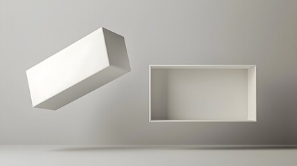 Poster - Minimal and Elegant White Rectangular Floating Box with Sharp Edges on a Simple Light Gray Background   Abstract 3D Rendered Digital Composition