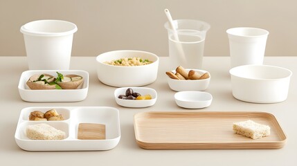 Leinwandbilder - Neutral toned image of a modern minimalist bamboo fiber food tray with a clean organic shape placed on a neutral surface  The tray showcases an eco friendly