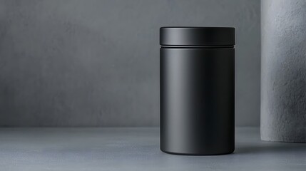 Leinwandbilder - photo showcasing a matte black seamless cylindrical tea tin container floating elegantly on a simple grey background  This product shot highlights the modern and premium design of the tea packaging