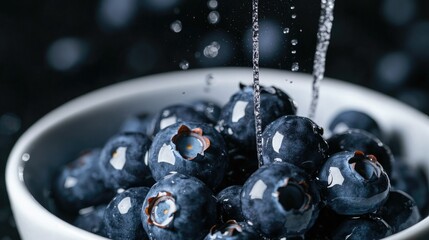 Wall Mural - bowl of fresh blueberries being washed under running water droplets glistening on vibrant fruit
