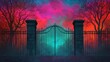 © Sariyono - Mysterious gate with colorful sky and trees. Fantasy landscape with a gate to another world.