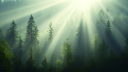 Poster - A serene morning scene of sun rays piercing through a dense forest, perfect for nature and tranquil atmosphere themes.